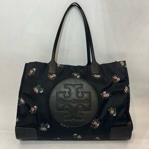 Tory Burch Ella Tote Black Nylon Flower Print Daybreak Ditsy Pattern